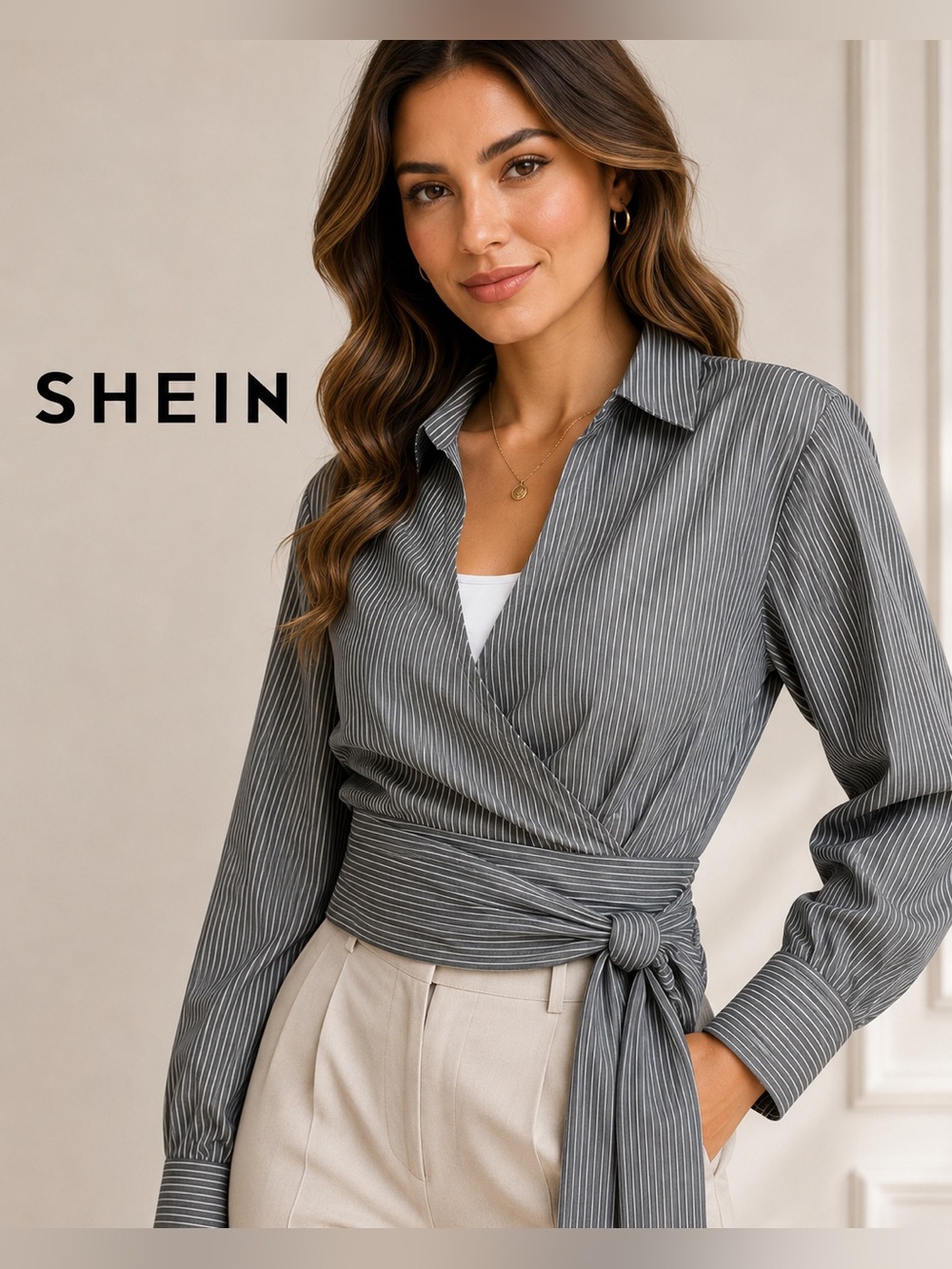 SHEIN Gray and White Pinstriped Wrap Blouse with Tie Waist